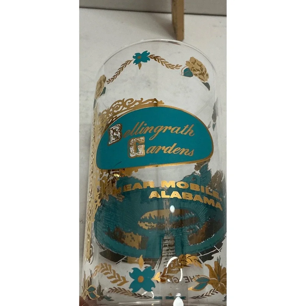 Vintage Souvenir Highball Glasses Busch & Bellingrath Gardens Gold Teal